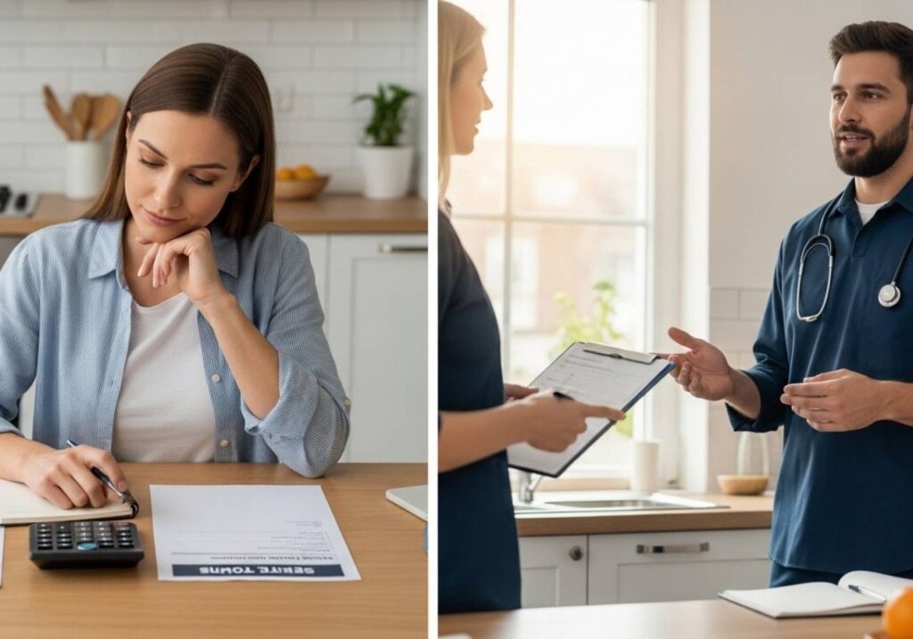 Homeowner calmly comparing pest control estimates while a professional explains service details in a bright kitchen.