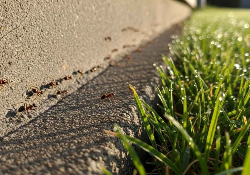 Ants trailing along a home foundation in spring in Southeast Idaho.