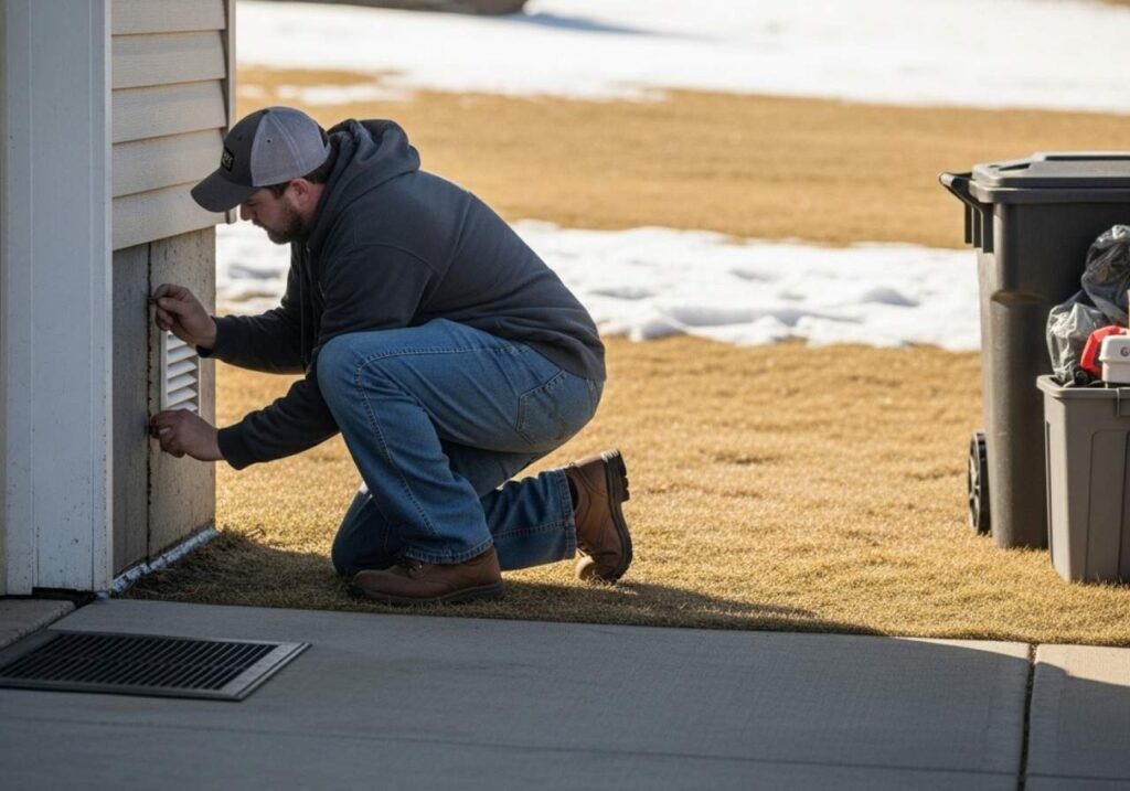 Pest control technician inspecting foundation cracks and structural entry points at a Southeast Idaho home during seasonal conditions.