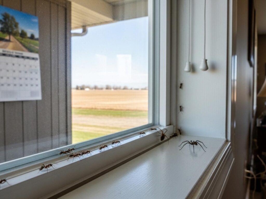 Ants and a spider visible near a treated baseboard shortly after pest control service in an Idaho home.