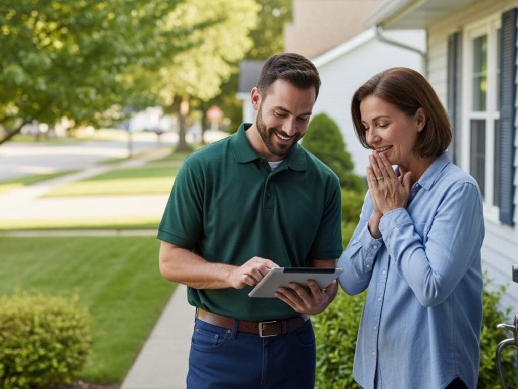 Pest control technician explaining flexible monthly payment plan to a homeowner outside a residential house.